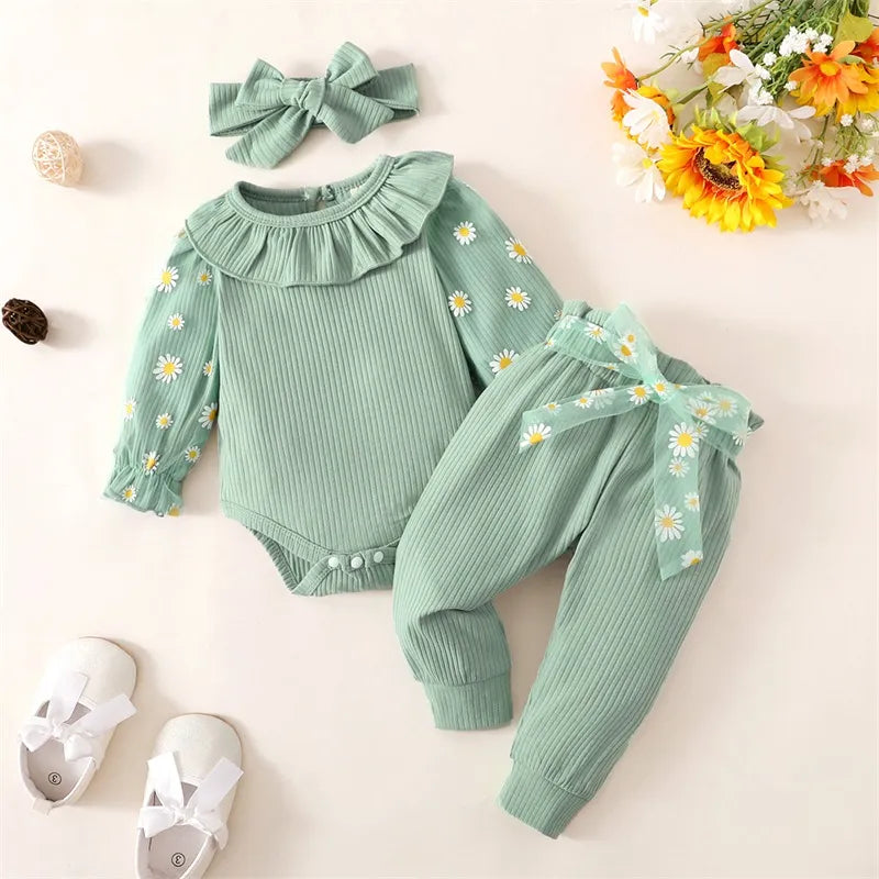 3 Pcs Print Long Sleeve Romper Belted Pants And Headband  Size 0-18 Months