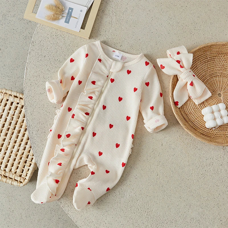 Heart Print Ruffle Zipper Romper with Headband 0-6 Months