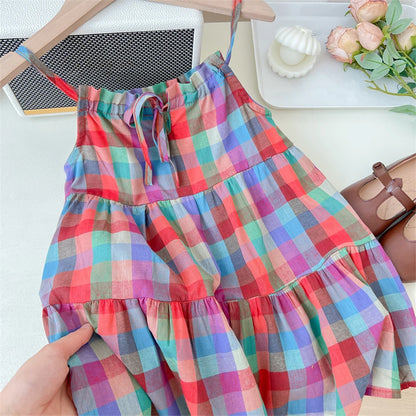 Casual Plaid Sleeveless Princess Dress For 2-7 Years