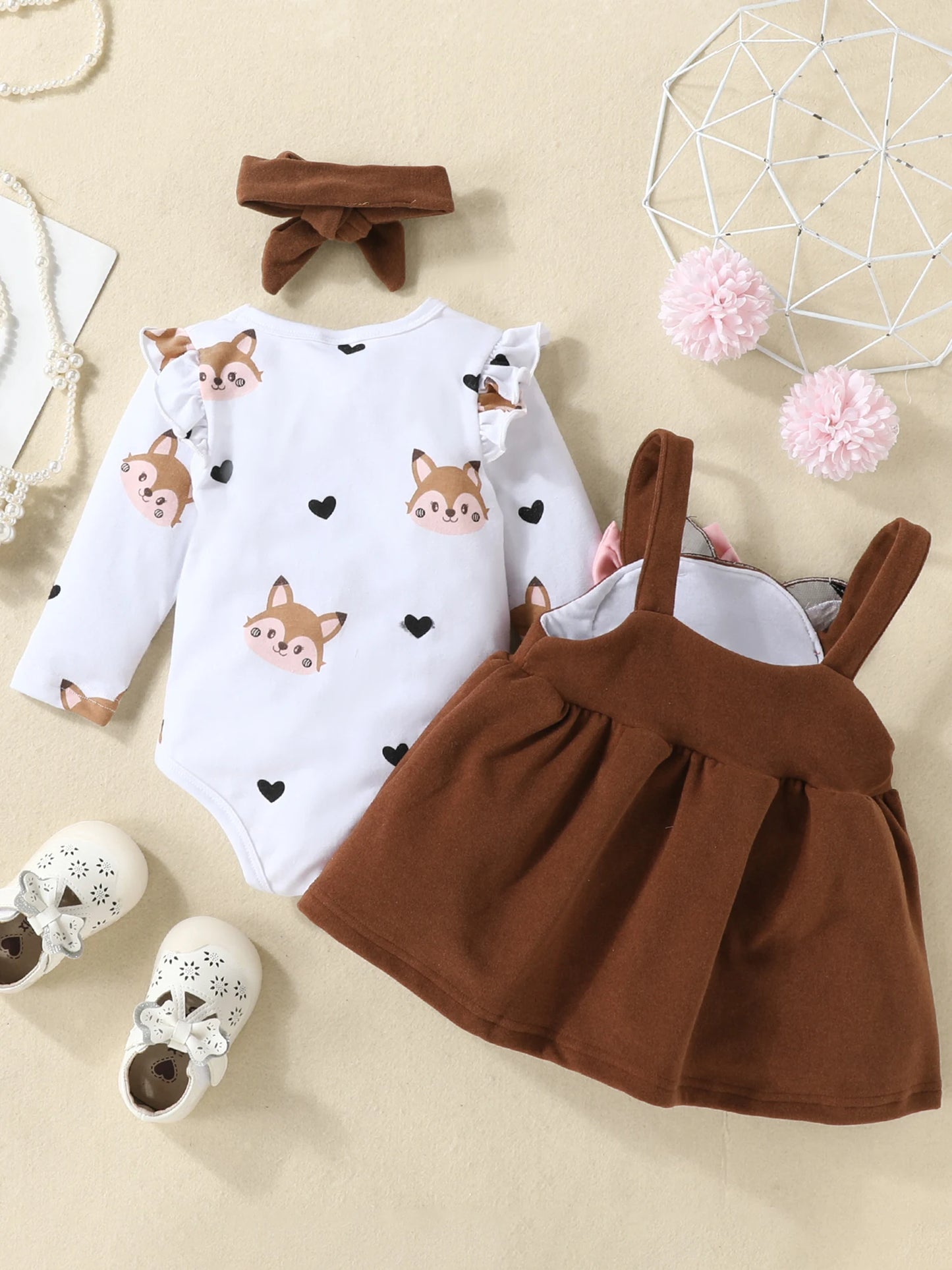 Cute Fox Print Long Sleeves Romper Suspender Skirt and Headband Outfits For 0-18 Months