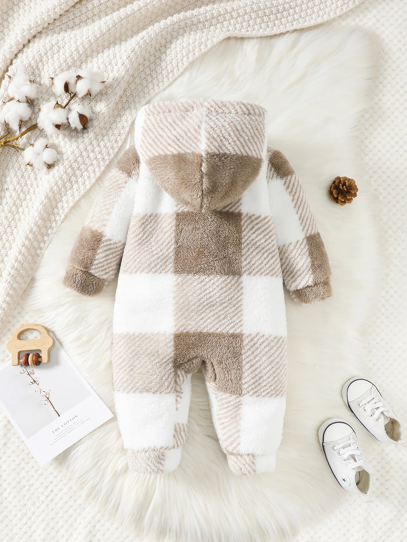 Boy Plaid Hooded Long Sleeved  Plush Romper For 3-24 Months