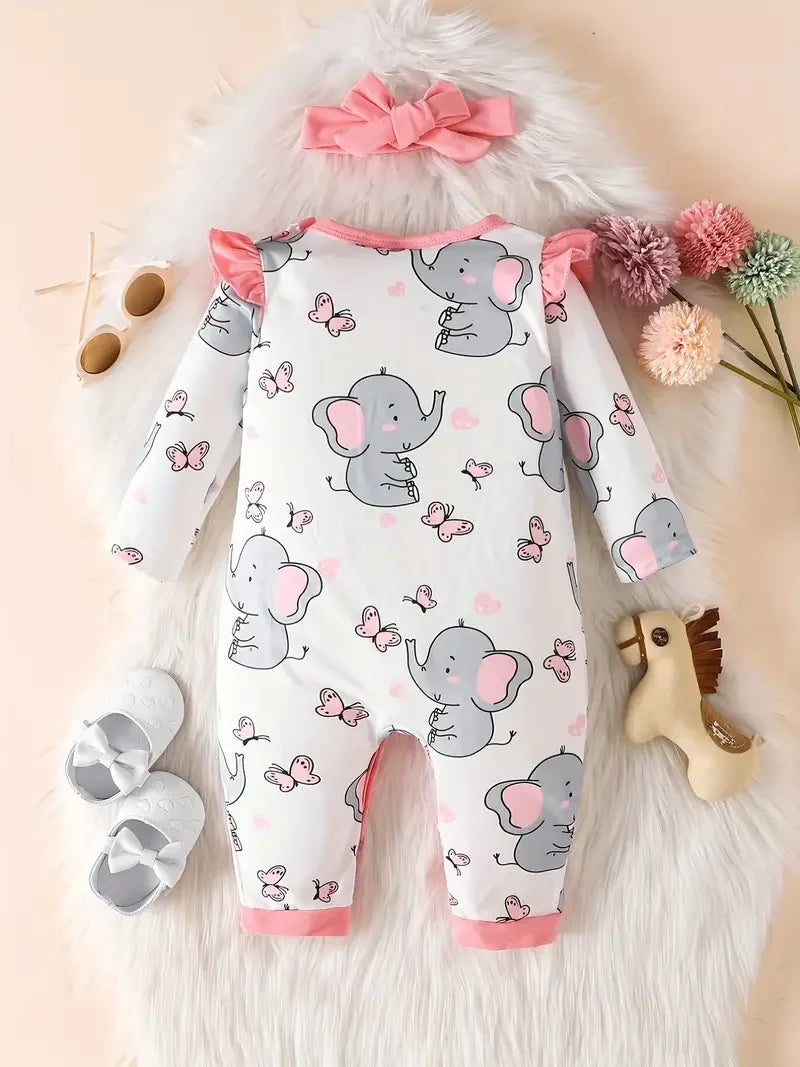 Butterfly Elephant Print Ruffled Romper And Headband for 3-24 Months