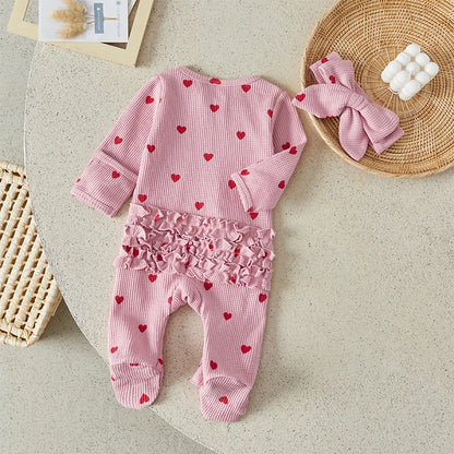 Heart Print Ruffle Zipper Romper with Headband 0-6 Months