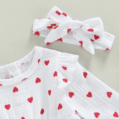 Heart Print Romper Dress And Headband For 3-18 Months