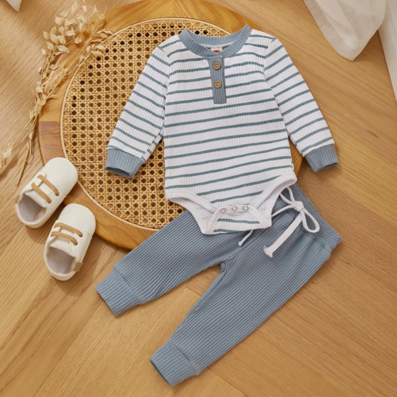 Ribbed Striped Long Sleeve Romper and Pants For 3-24 Months