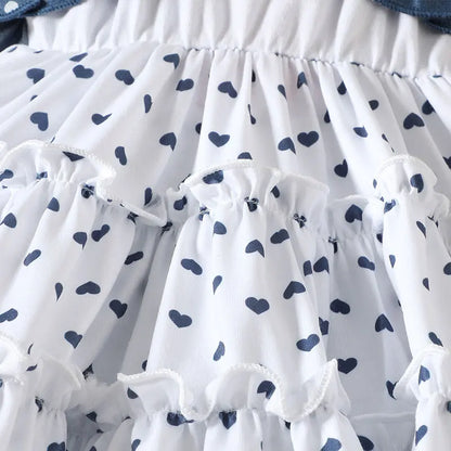 Cute Summer Denim Heart Print Short Coat Wave Dot Dress and Headband For 3-24 Months