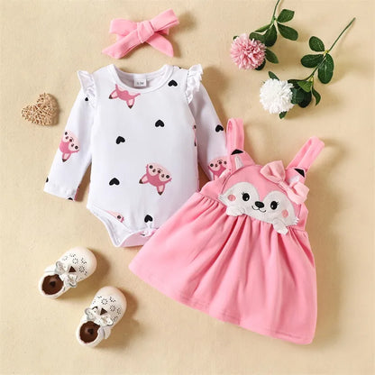 Cute Fox Print Long Sleeves Romper Suspender Skirt and Headband Outfits For 0-18 Months