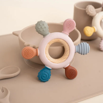 Silicone Rudder Shape Wooden Ring Teething Toys