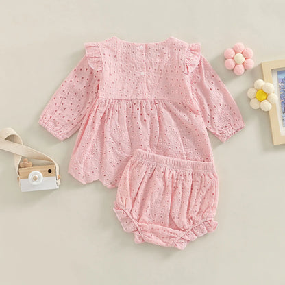 Baby Girl Solid Color Cutout Long Sleeve Shirt and Elastic Ruffle Shorts For 6-24 Months