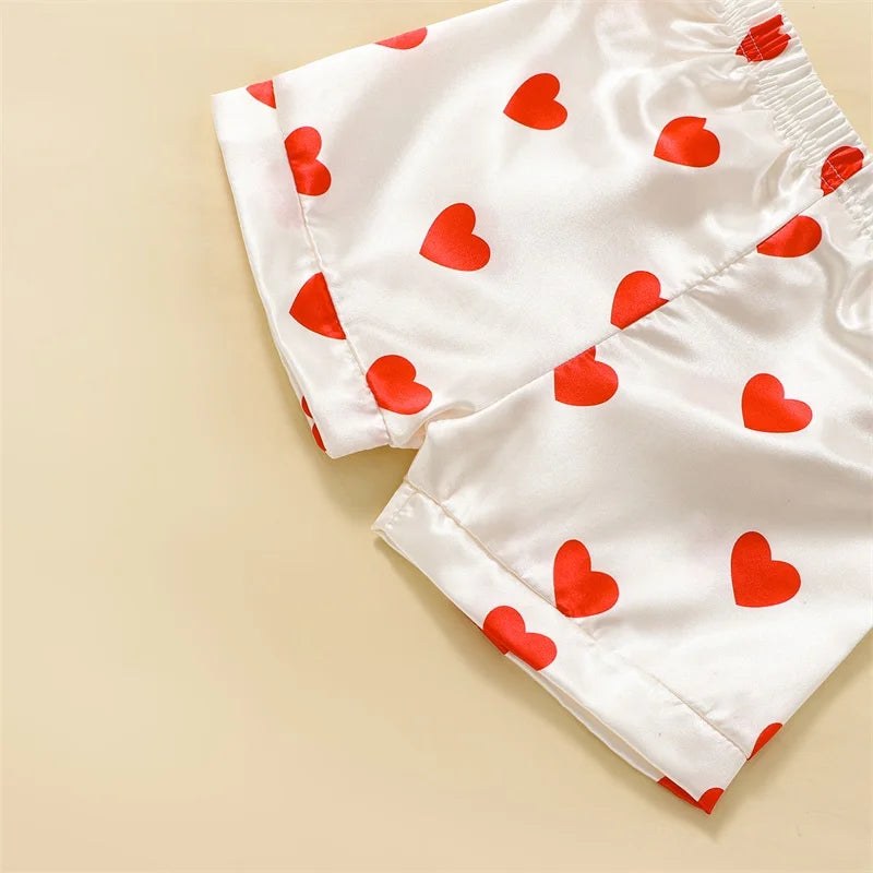 Heart Print Turn-Down Collar Short Sleeve And Elastic Waist Shorts Pajama Set For 2-7 Years