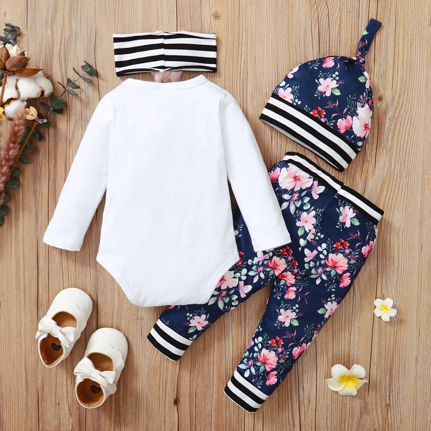 4 Piece Floral Print Long Sleeve Bodysuit Pants Hat And Headband 0-18 Months