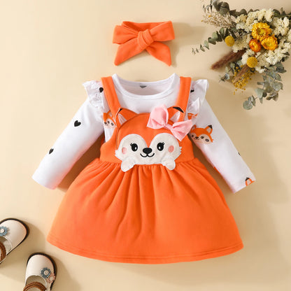 Cute Fox Print Long Sleeves Romper Suspender Skirt and Headband Outfits For 0-18 Months