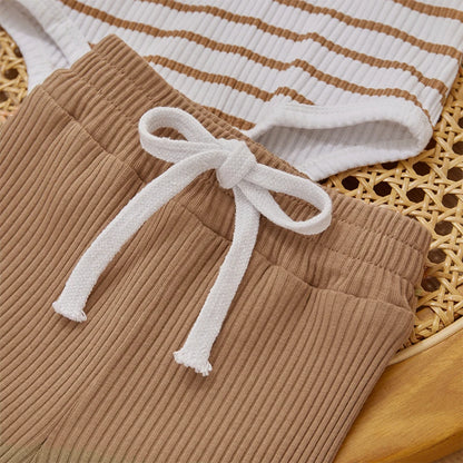 Ribbed Striped Long Sleeve Romper and Pants For 3-24 Months