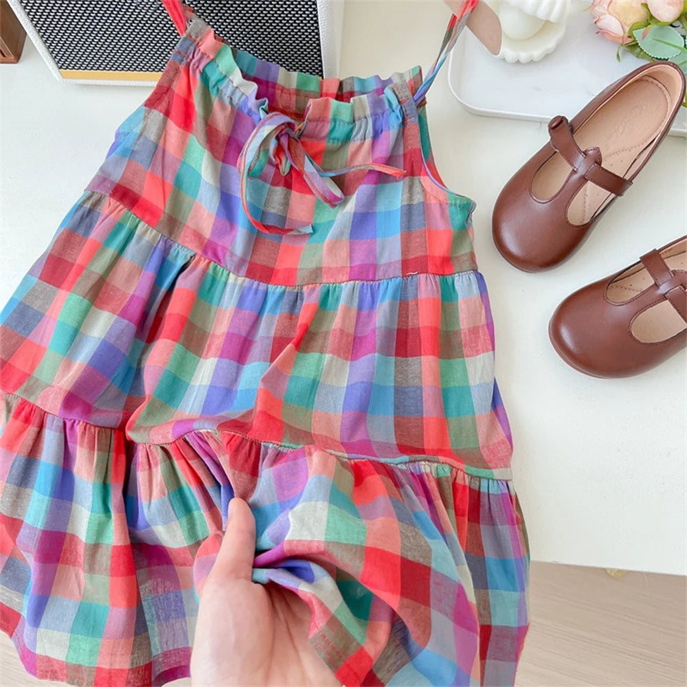 Casual Plaid Sleeveless Princess Dress For 2-7 Years