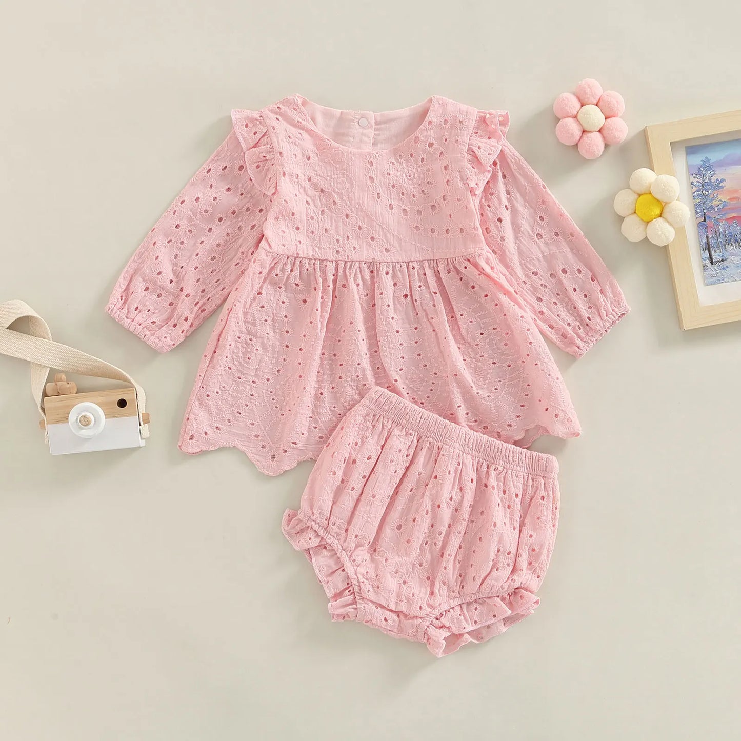 Baby Girl Solid Color Cutout Long Sleeve Shirt and Elastic Ruffle Shorts For 6-24 Months