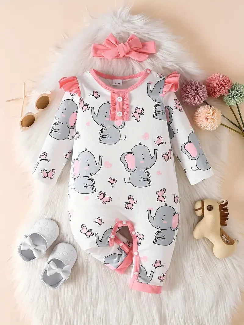 Butterfly Elephant Print Ruffled Romper And Headband for 3-24 Months