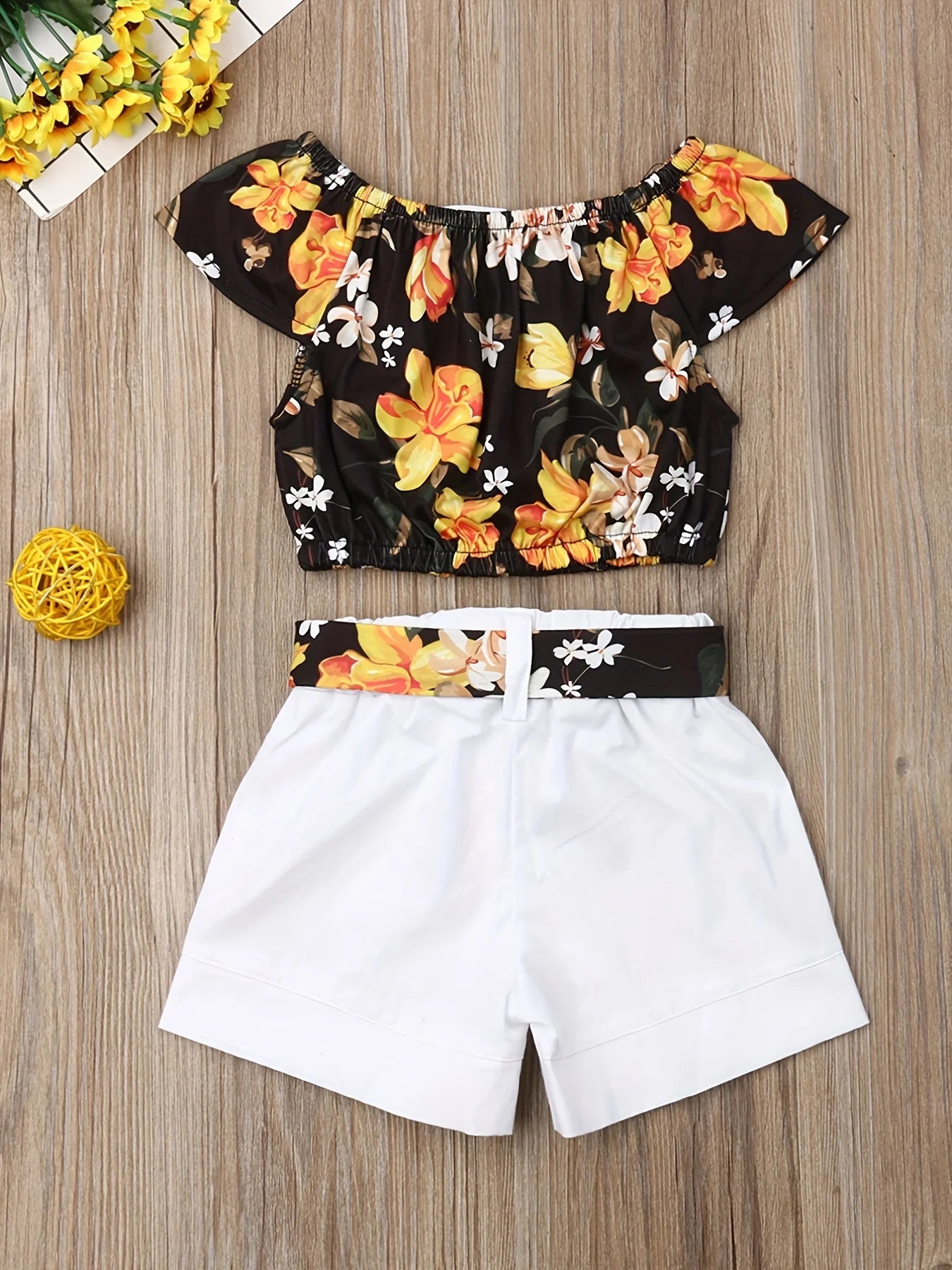 Floral Print Shoulder Slip Blouse & Shorts With Matching Belt For 18 Months - 4 Years