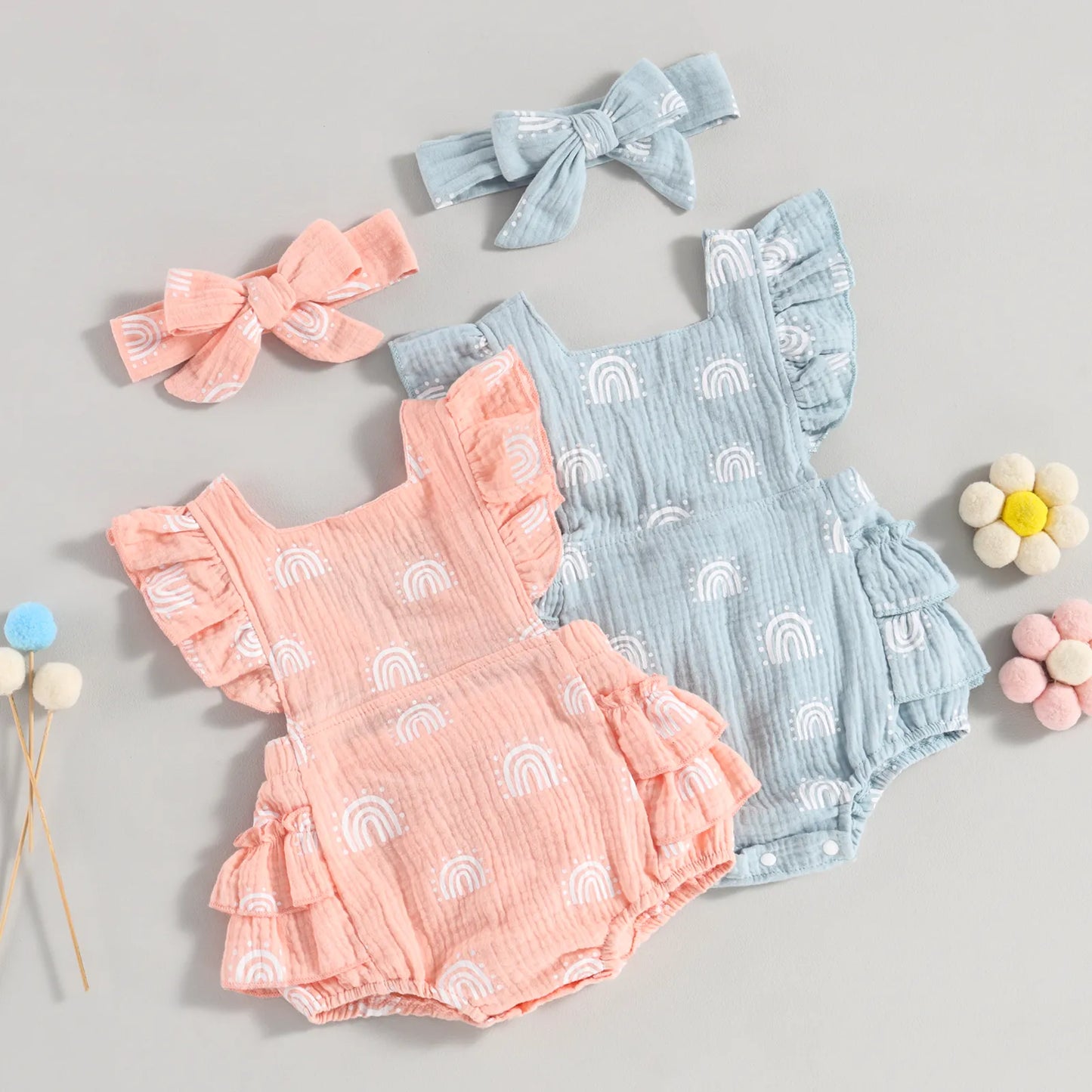 Baby Girl Rainbow Print Ruffled Sleeves Tie-Up Backless Romper & Headband For 0-24 Months