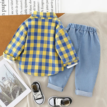 3 Piece Set with Plaid Shirt, Cartoon Printed Shirt and Jeans