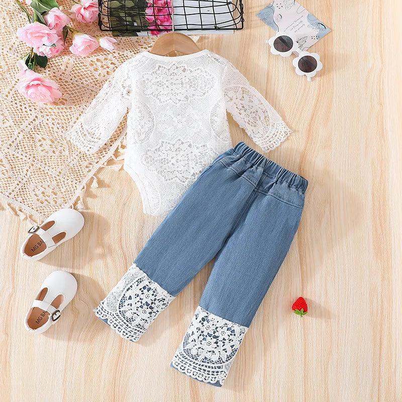 Denim Patchwork Lace Jeans and  Hollow Floral Pullover Romper