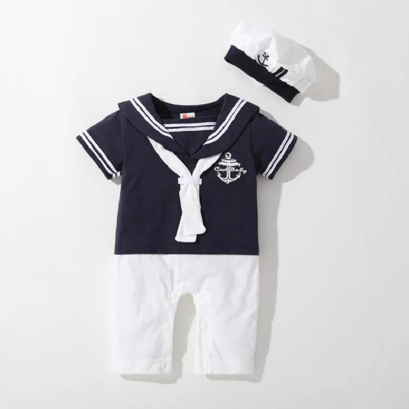 Short Sleeve Navy Sailor Romper with  Hat