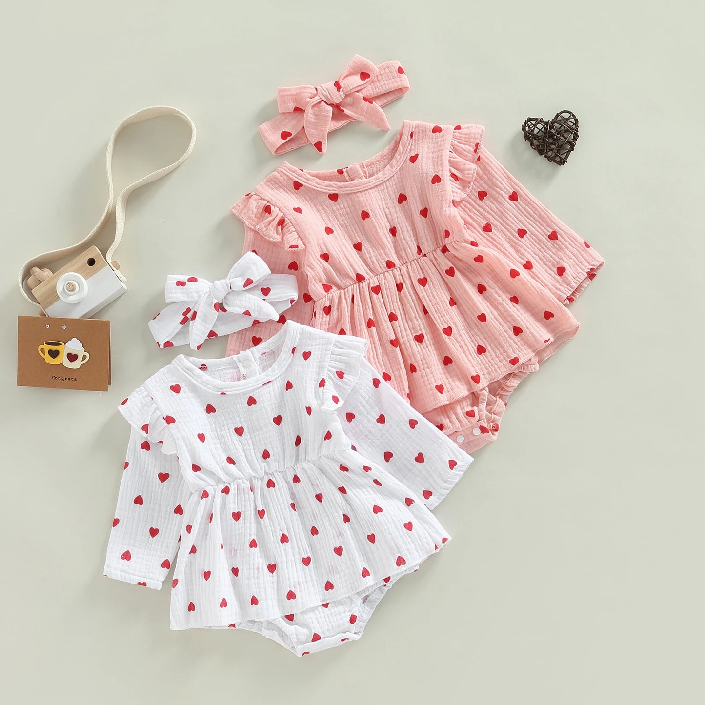 Heart Print Romper Dress And Headband For 3-18 Months