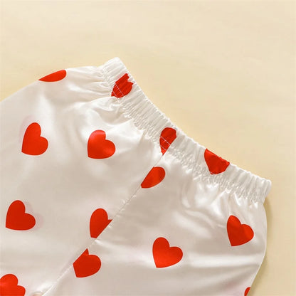 Heart Print Turn-Down Collar Short Sleeve And Elastic Waist Shorts Pajama Set For 2-7 Years