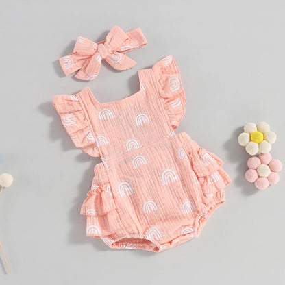 Baby Girl Rainbow Print Ruffled Sleeves Tie-Up Backless Romper & Headband For 0-24 Months