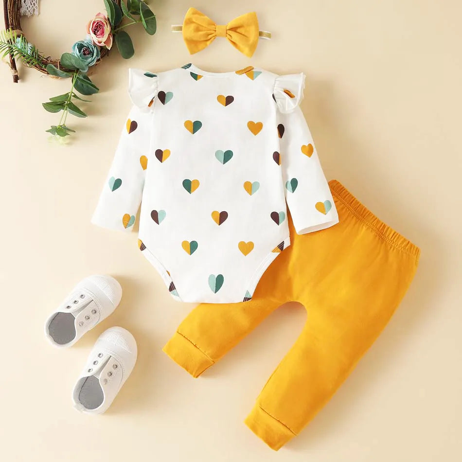 Heart Print Ruffled Cotton Bodysuit Pants Hair Bow For 0-24 Months