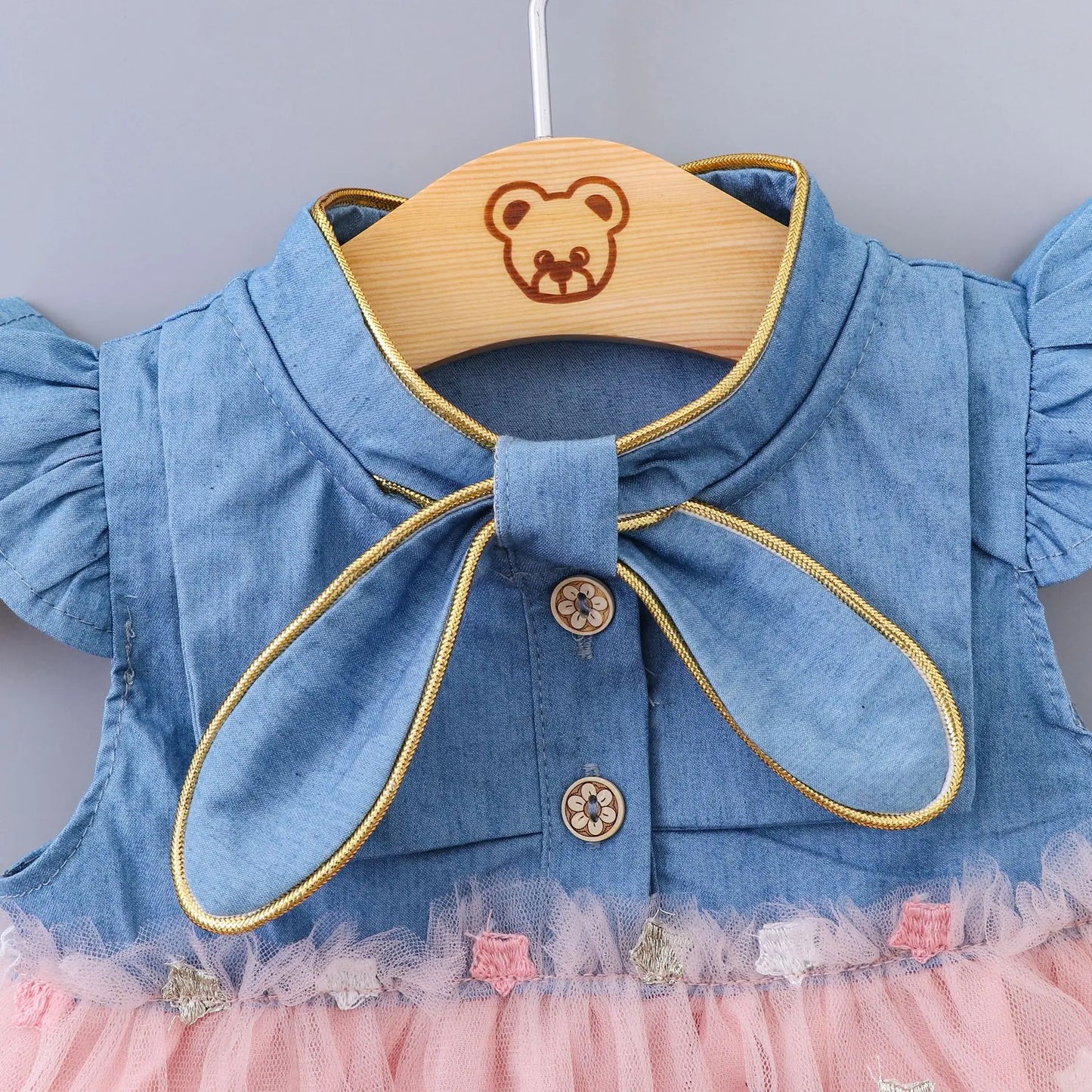 Denim Fashion Star Embroidered Mesh Dress For Girls 9-36 Months